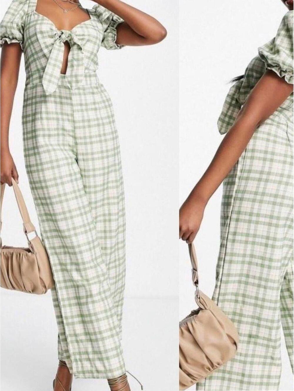 Missguided Green Plaid Tie Front Jumpsuit Puff Sleeve Wide Leg NWT 8